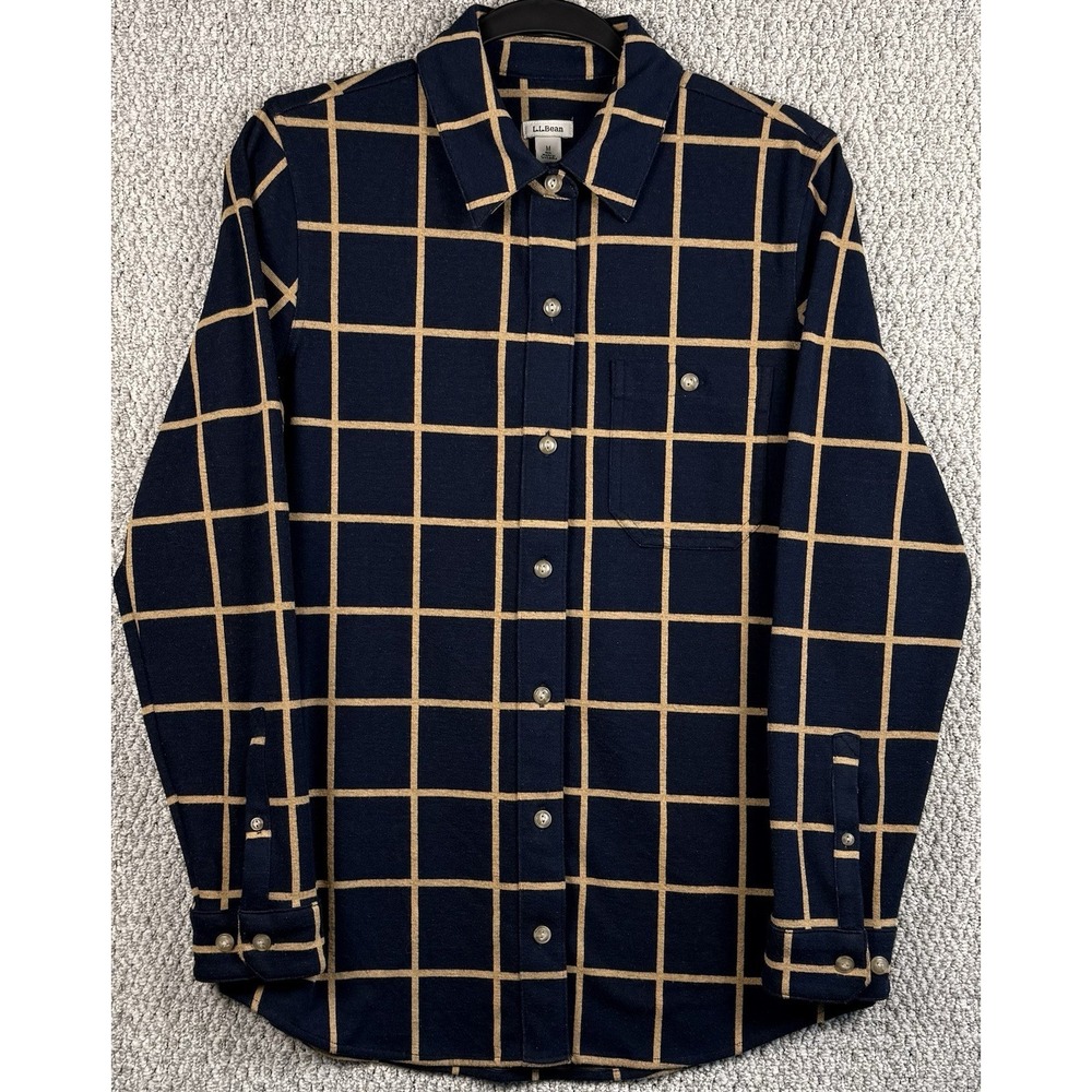 LL Bean Womens Medium Navy Tan Windowpane Knit Button Shirt Top Casual